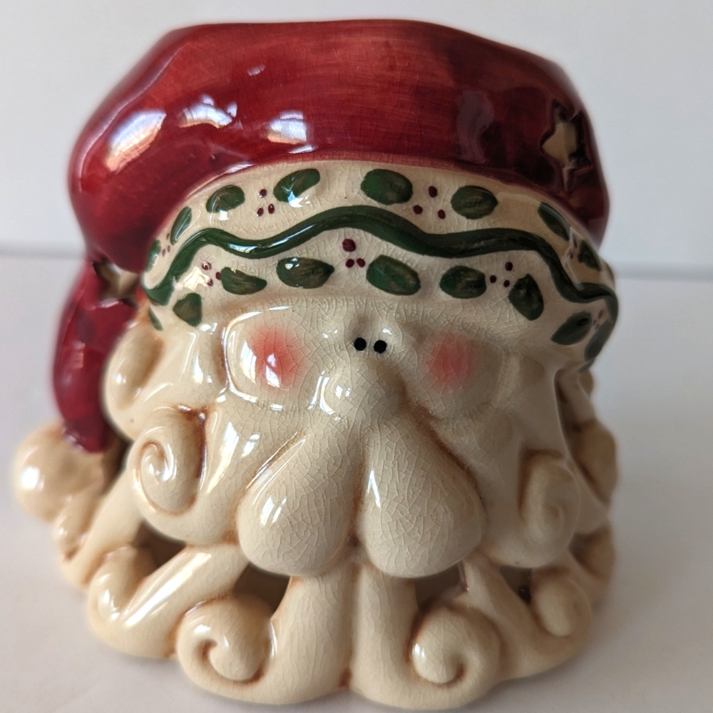 VTG Ceramic Santa Head Tea Light‎ Votive Candle Holder W/Stars And Tree Cut-Outs